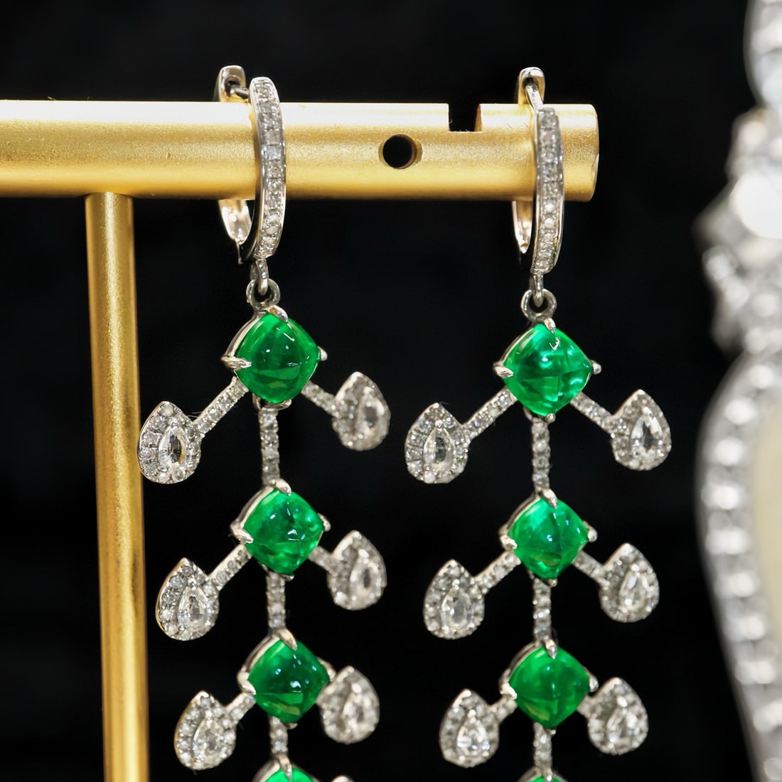 14k Gold 5.55 Ctw Vivid Green Natural Emerald & Diamond Earrings - 2