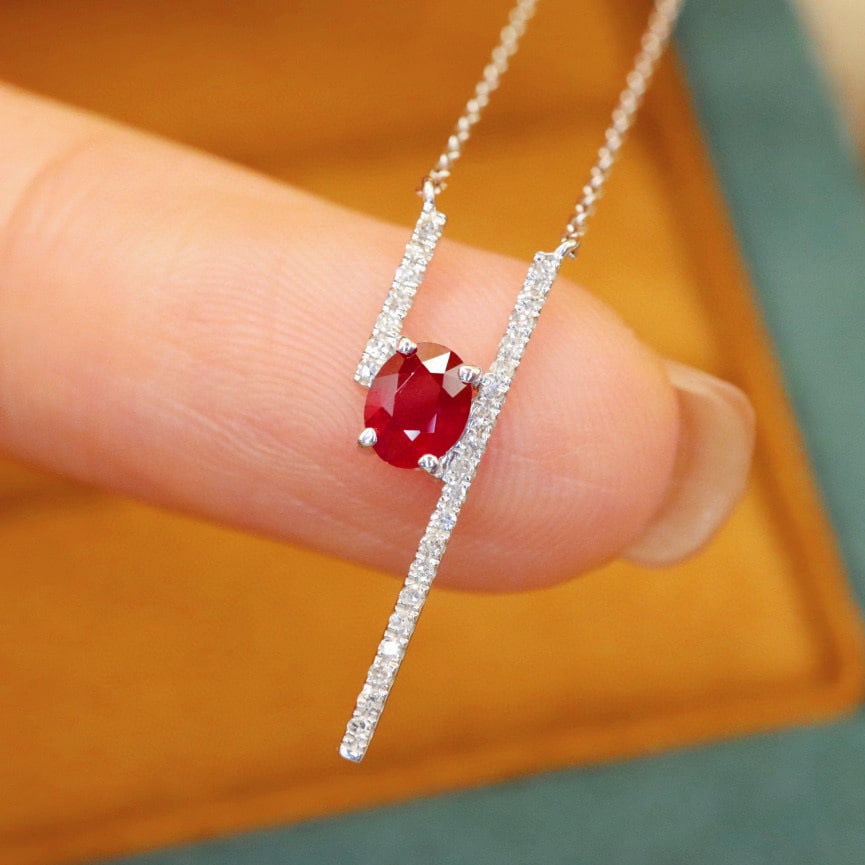 14k Gold 0.44 Ctw Vivid Red Natural Ruby & Diamond Necklace - 2