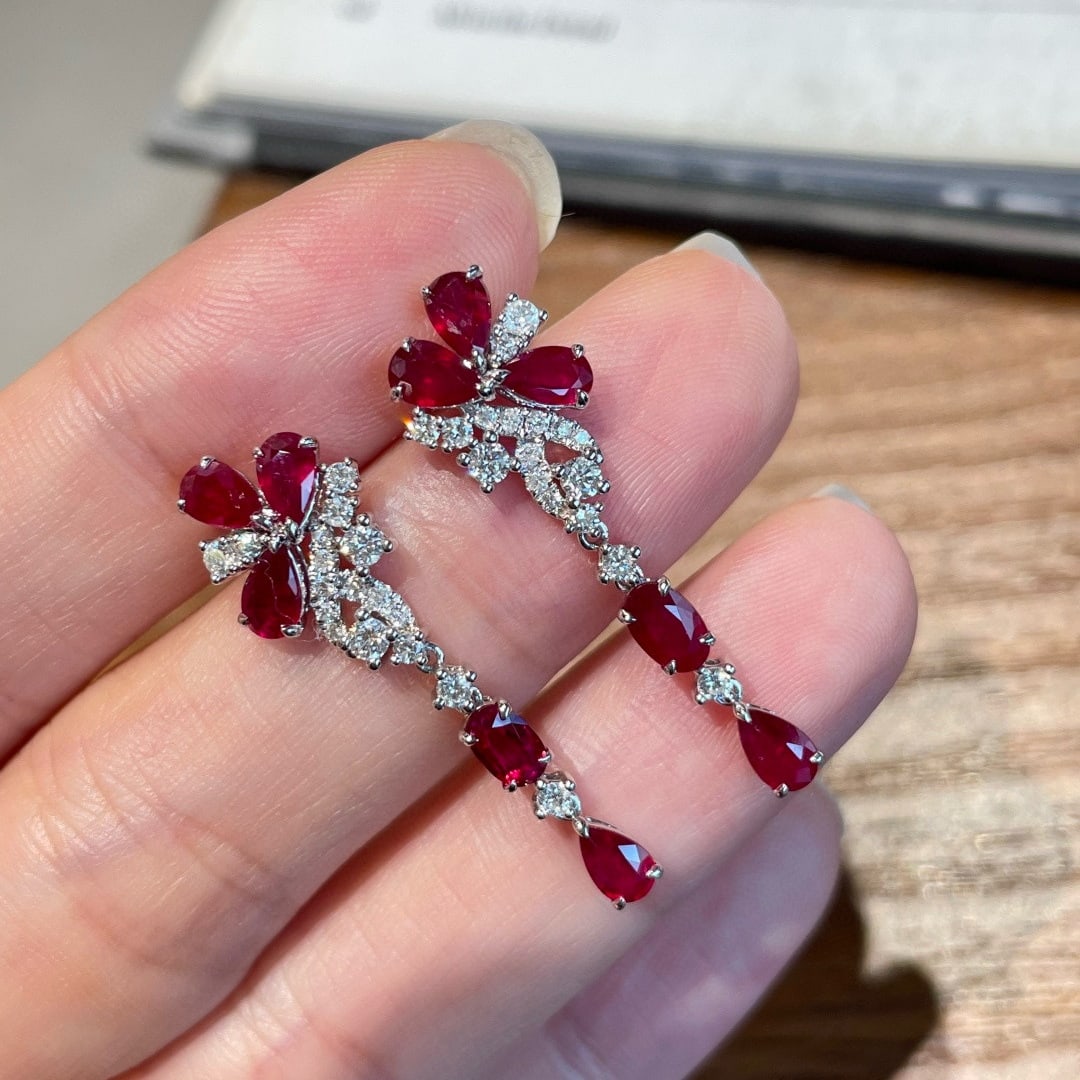 14k Gold 2.2 Ct Natural Ruby & Diamond Earrings - 4