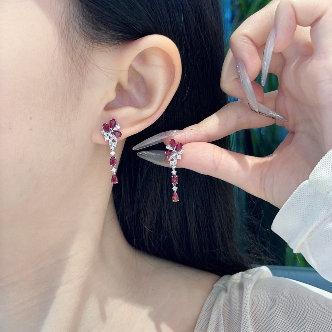 14k Gold 2.2 Ct Natural Ruby & Diamond Earrings - 5