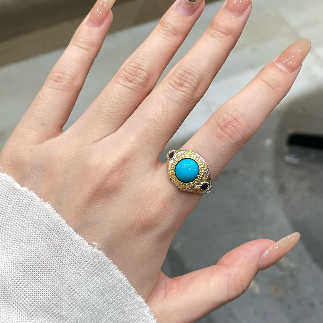 14k Gold 2.7 Ct Natural Blue Turquoise & Sapphire Ring - 2