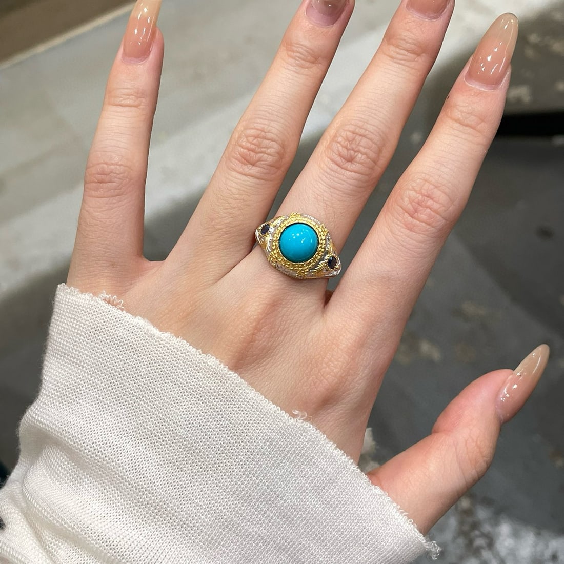 14k Gold 2.7 Ct Natural Blue Turquoise & Sapphire Ring - 3