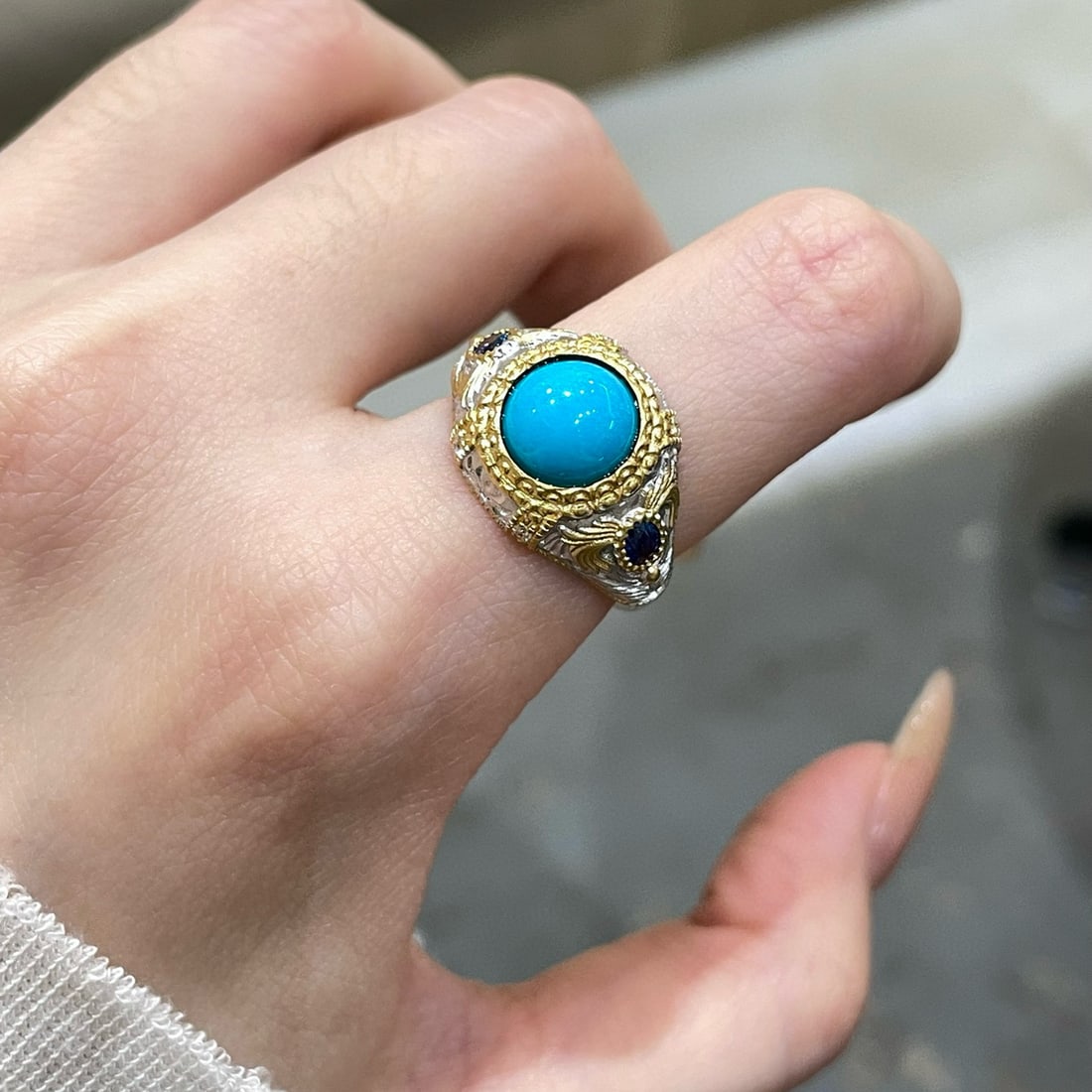 14k Gold 2.7 Ct Natural Blue Turquoise & Sapphire Ring - 4