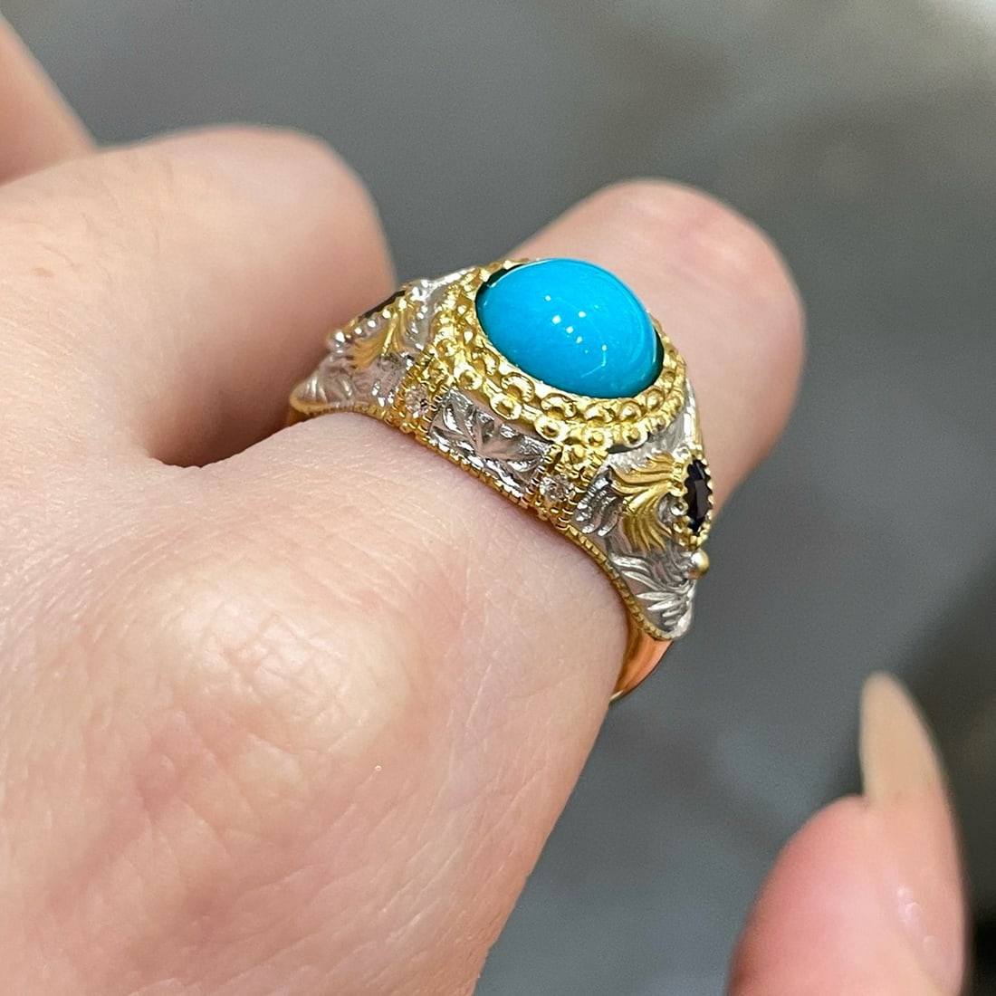 14k Gold 2.7 Ct Natural Blue Turquoise & Sapphire Ring - 5