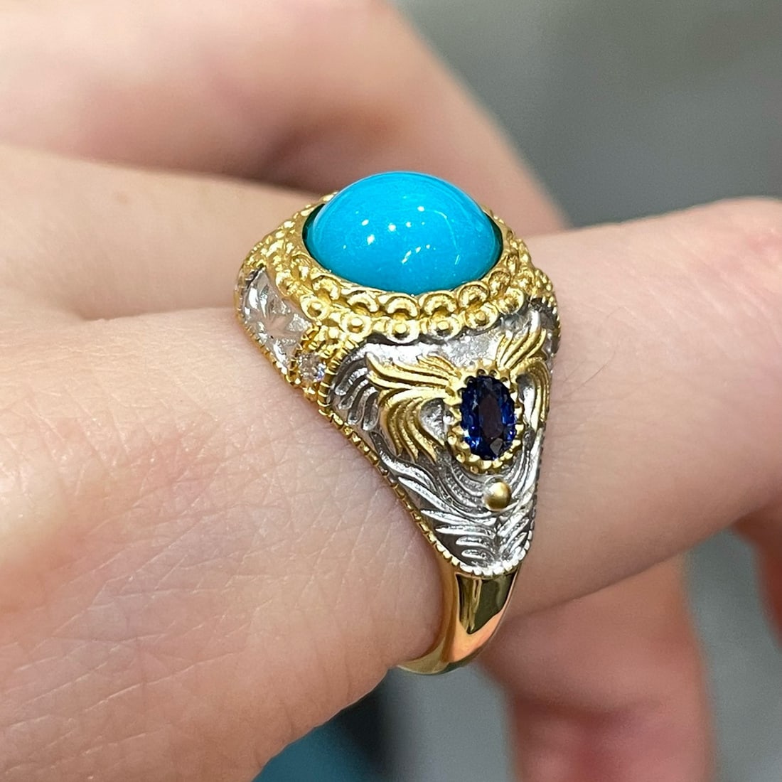 14k Gold 2.7 Ct Natural Blue Turquoise & Sapphire Ring - 6