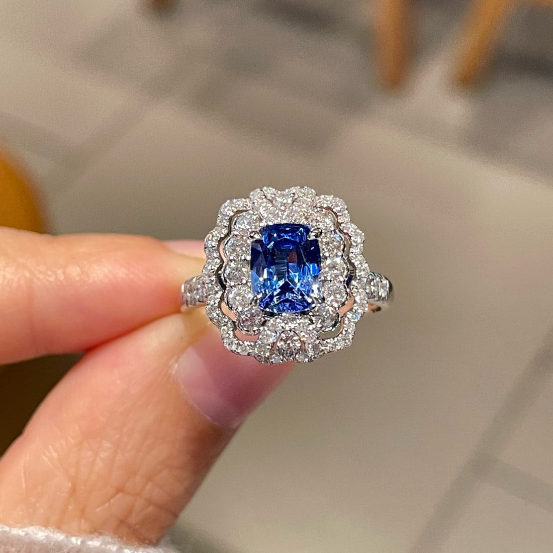 14k Gold 2.59 Ctw Natural Sapphire & Diamond Ring: Ref:231090430 // gold content:14k gold // ring size:7. 25us // // main gemstone:sapphire // shape:cushion // carat weight:1. 59ct // color:blue // treatment:natural // // adjacent gemstone 2 :