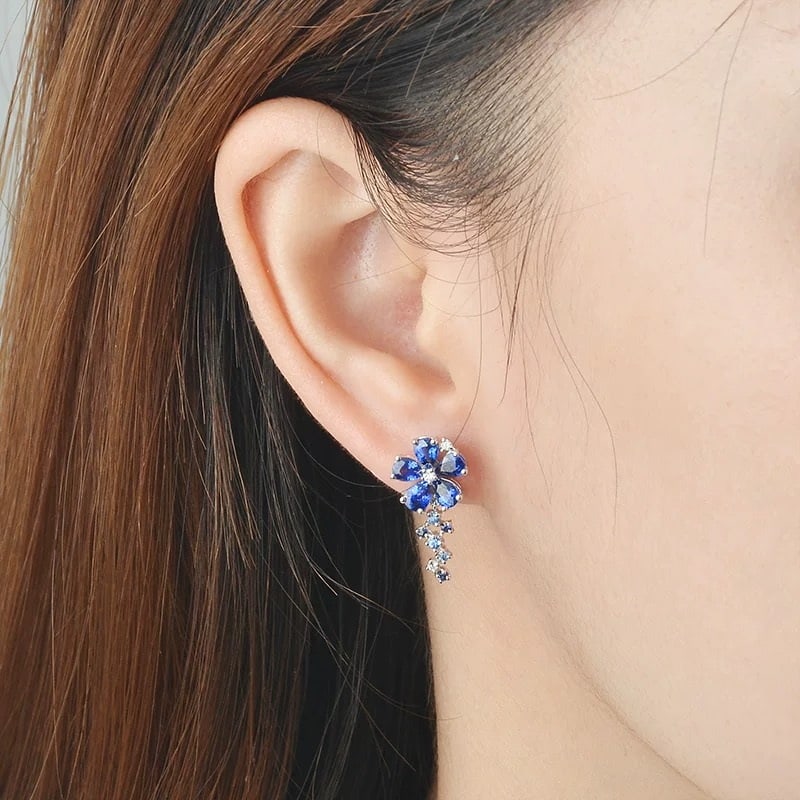 14k Gold 2.06 Ctw Natural Sapphire & Diamond & Flowers Earrings - 2