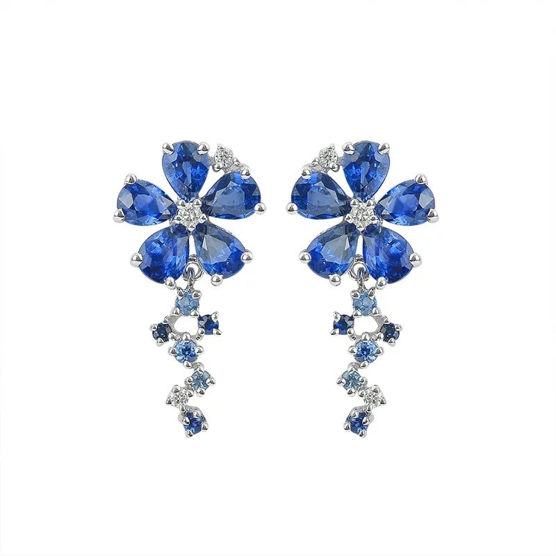 14k Gold 2.06 Ctw Natural Sapphire & Diamond & Flowers Earrings - 3