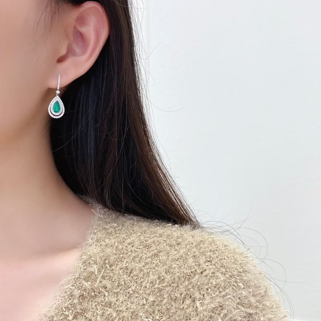 14k Gold 1.50 Ctw Vivid Green Natural Emerald & Diamond Earrings - 2