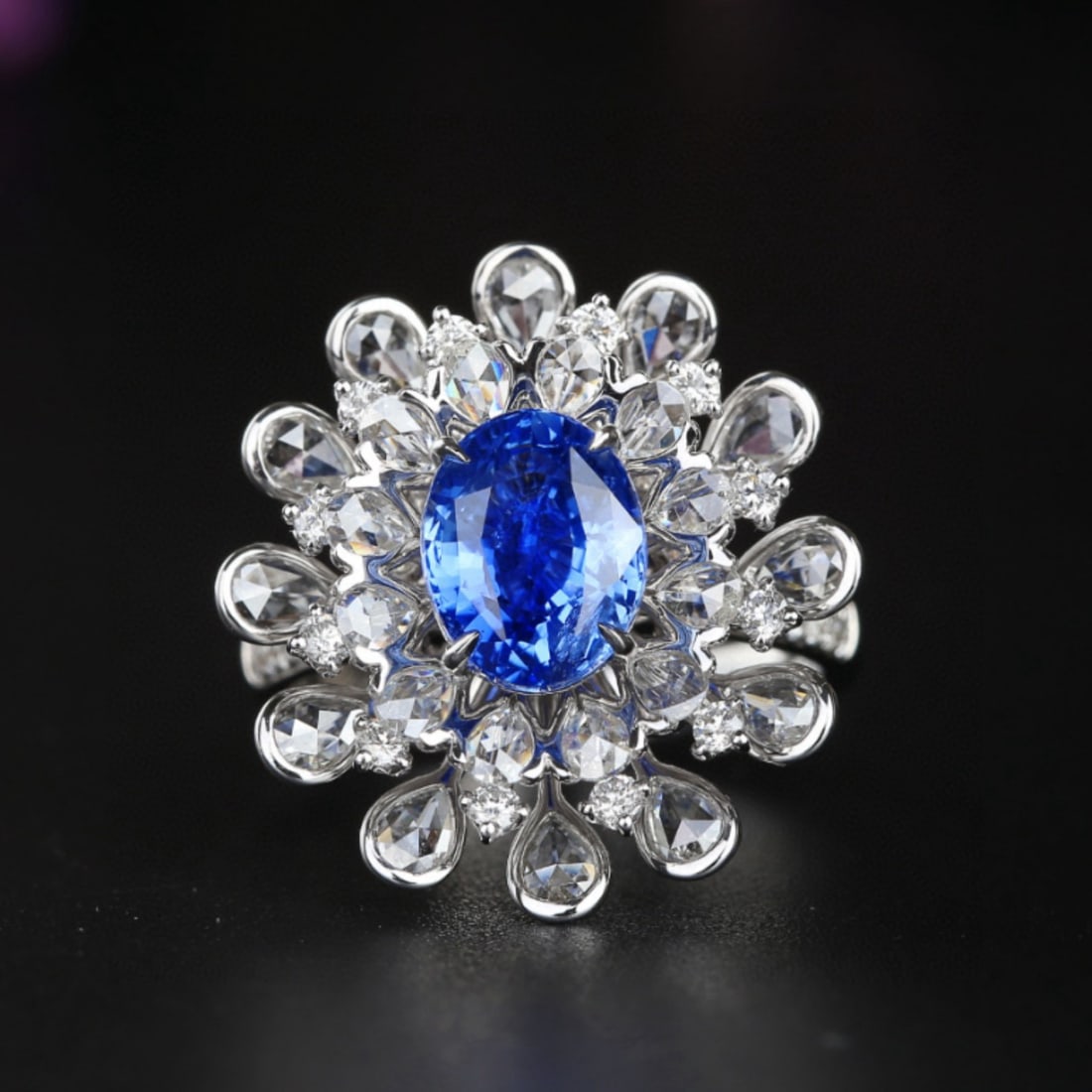 14k Gold 4.55 Ctw Natural Sapphire & Diamond Ring: Ref:230942042 // gold content:14k gold // ring size:7. 25us // // main gemstone:sapphire // shape:oval // carat weight:3. 02ct // color:cornflower blue // treatment:natural // // adjacent gemstone