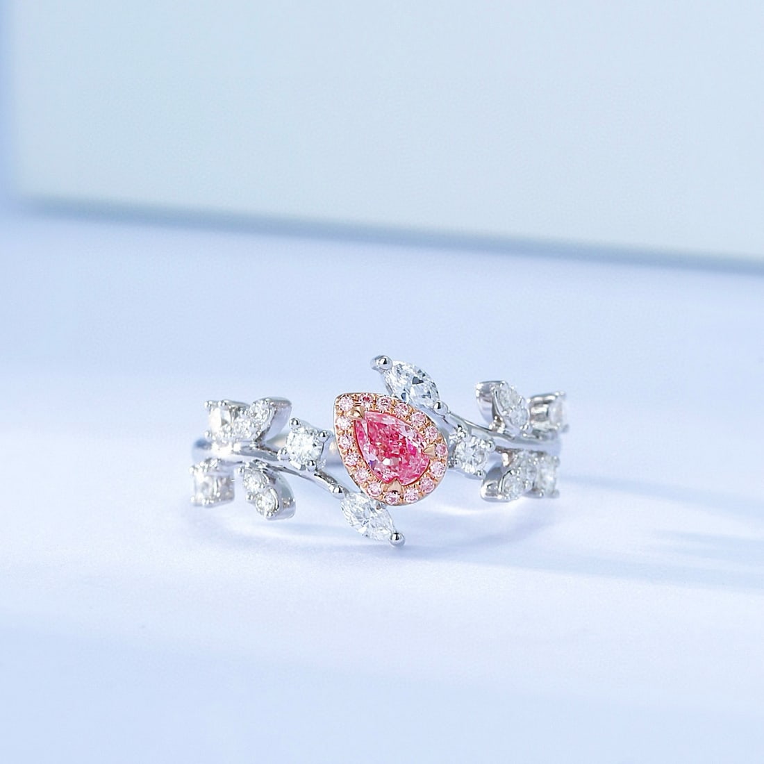 14k Gold 0.59 Ctw Natural Pink Diamond & Diamond Ring: Ref:230942050 // gold content:14k gold // ring size:7. 25us // // main gemstone:pink diamond // shape:pear // carat weight:0. 16ct // color:pink // treatment:natural // // adjacent gemstone 2 :