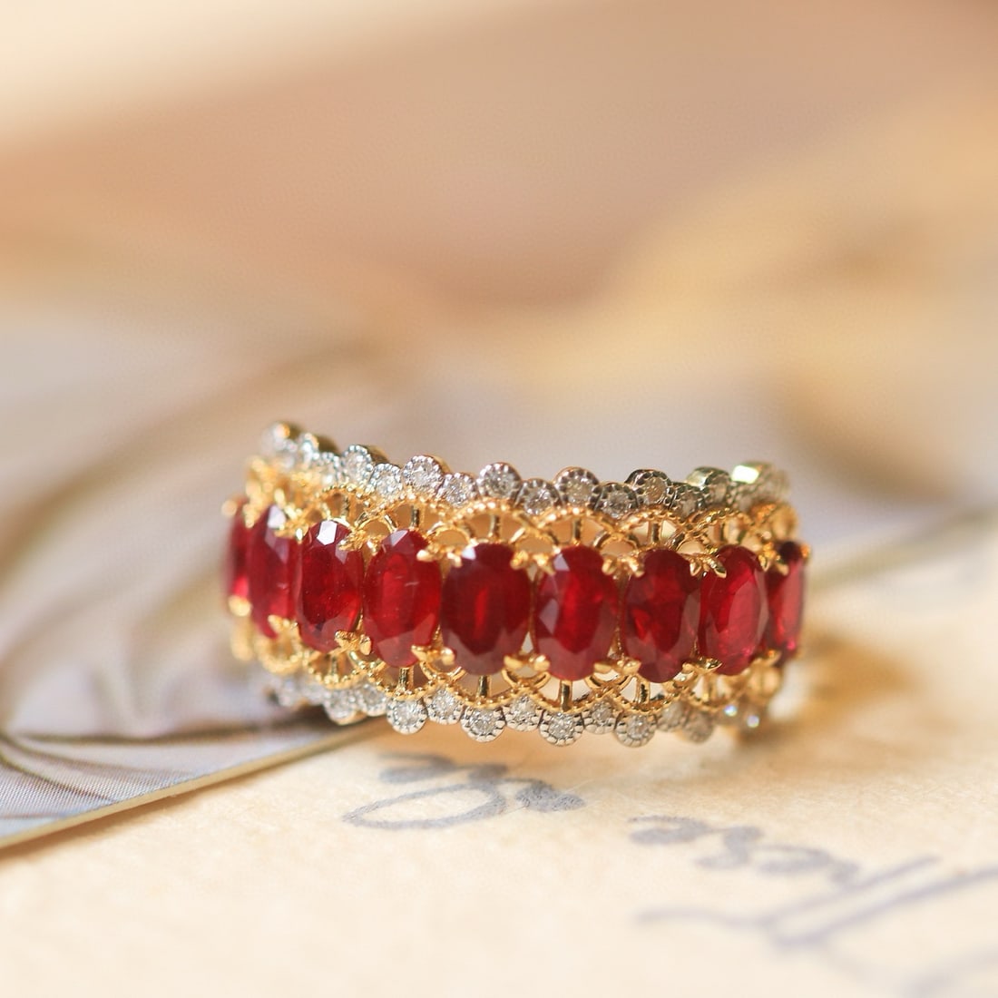 14k Gold 2.05 Ctw Natural Ruby & Diamond Ring: Ref:230942055 // gold content:14k gold // ring size:7. 25us // // main gemstone:ruby // shape:oval // carat weight:1. 86ct // color:pigeonblood red // treatment:natural // // adjacent gemstone 2 :