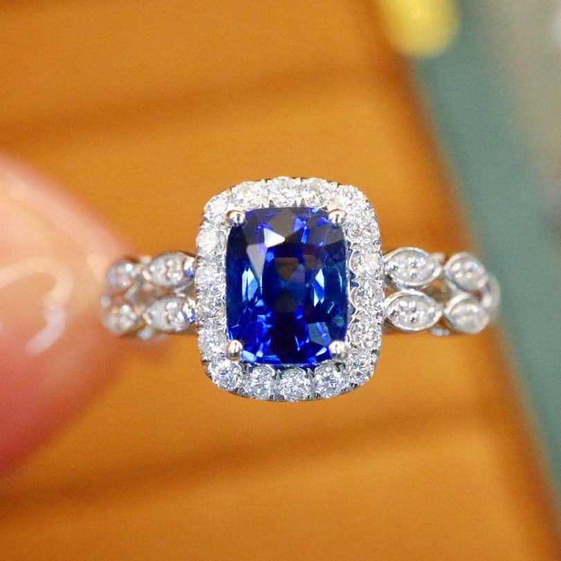 14k Gold 1.41 Ctw Natural Sapphire & Diamond Ring: Ref:230942061 // gold content:14k gold // ring size:7. 25us // // main gemstone:sapphire // shape:cushion // carat weight:1. 18ct // color:royal blue // treatment:natural // // adjacent gemstone 2 : d