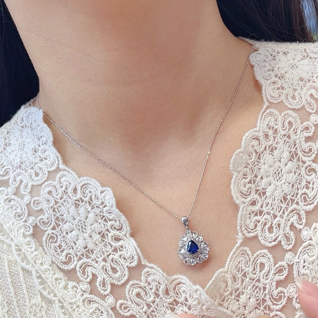 14k Gold 1.15 Ct Natural Sapphire & Diamond & Sapphire Pendant( Without Chain ) - 5