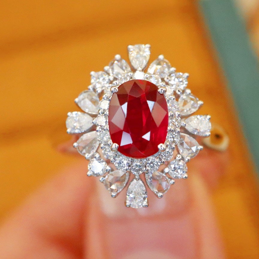 14k Gold 1.59 Ctw Natural Ruby & Diamond Ring: Ref:230942086 // gold content:14k gold // ring size:7. 25us // // main gemstone:ruby // shape:oval // carat weight:1. 03ct // color:pigeonblood red // treatment:natural // // adjacent gemstone 2 : dia