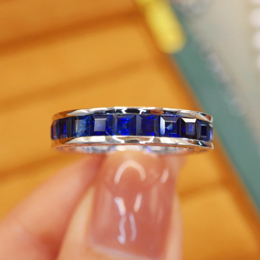 14k Gold 6.11 Ctw Natural Sapphire & Diamond Ring: Ref:230942087 // gold content:14k gold // ring size:7. 25us // // main gemstone:sapphire // shape:square // carat weight:5. 76ct // color:royal blue // treatment:natural // // adjacent gemstone 2 : di