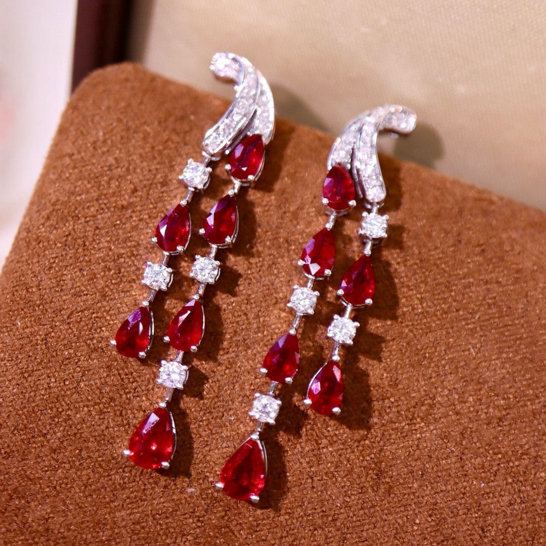 14k Gold 3.99 Ctw Natural Ruby & Diamond Earrings: Ref:230942091 // gold content:14k gold // main gemstone:ruby // shape:pear // carat weight:3. 42ct // color:pigeonblood red // treatment:natural // // adjacent gemstone 2 : diamond // shape:round // c