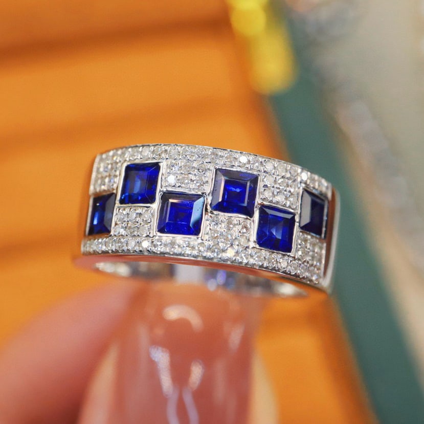 14k Gold 1.49 Ctw Vivid Blue Natural Sapphire & Diamond Ring: Ref:230942092 // gold content:14k gold // ring size:7. 25us // // main gemstone:sapphire // shape:square // carat weight:1. 26ct // color:vivid blue // treatment:natural // // adjacent gemstone 2 : di