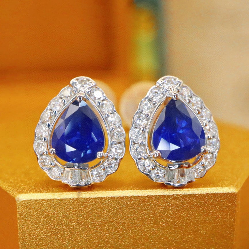 14k Gold 1.69 Ctw Natural Sapphire & Diamond Earrings: Ref:230942096 // gold content:14k gold // main gemstone:sapphire // shape:pear // carat weight:1. 36ct // color:royal blue // treatment:natural // // adjacent gemstone 2 : diamond // number of stones: