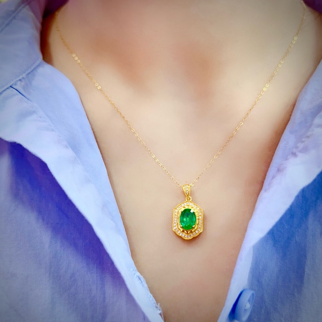 14k Gold 1.27 Ctw Vivid Green Natural Emerald & Diamond Pendant( Without Chain ) - 5