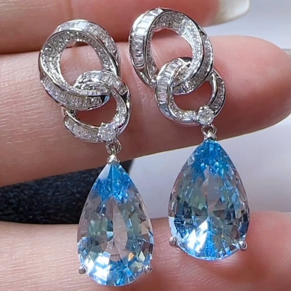 14k Gold 7.40 Ctw Natural Aquamarine & Diamond Earrings - 3
