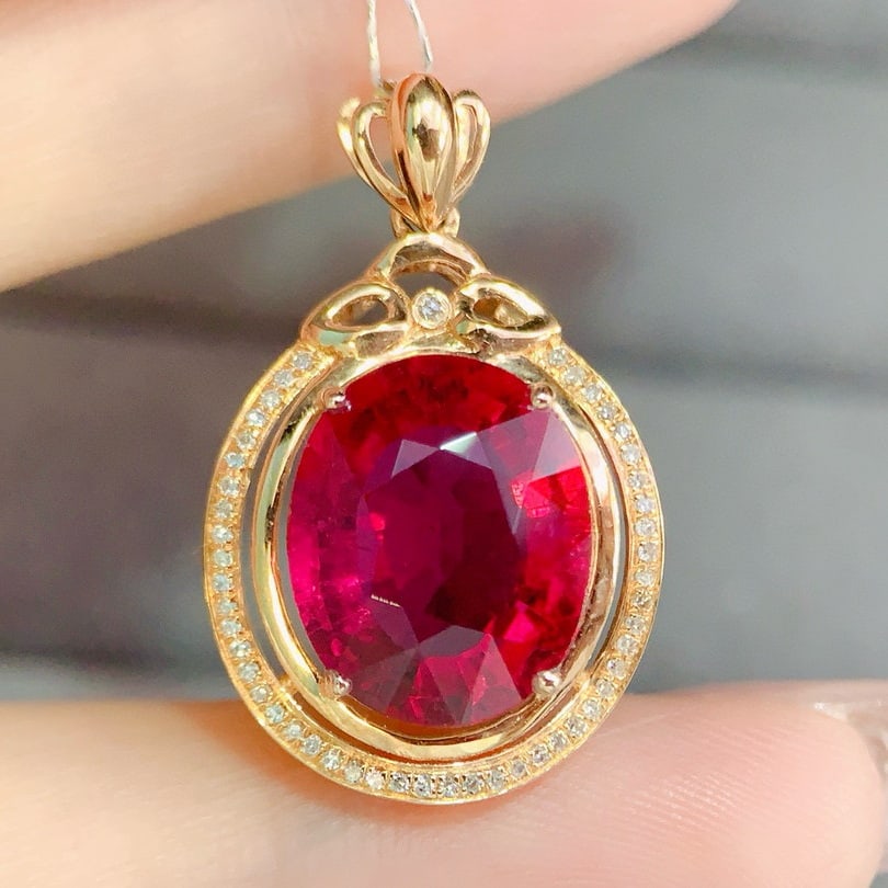 14k Gold 6.1 Ct Natural Tourmaline & Diamond Pendant( Without Chain ) (1 of 4)