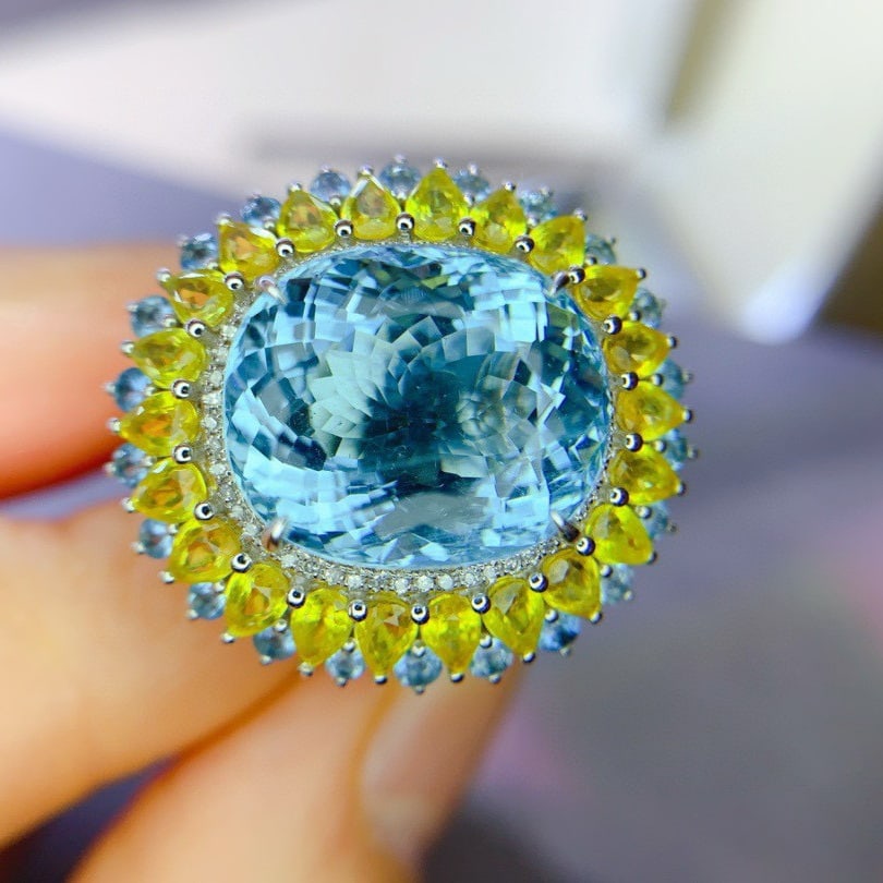 14k Gold 16.26 Ctw Natural Aquamarine & Sapphire Ring/pendant( Without Chain ) - 4