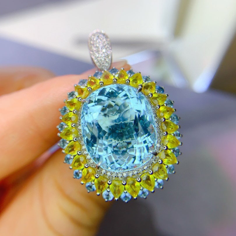 14k Gold 16.26 Ctw Natural Aquamarine & Sapphire Ring/pendant( Without Chain ) - 5