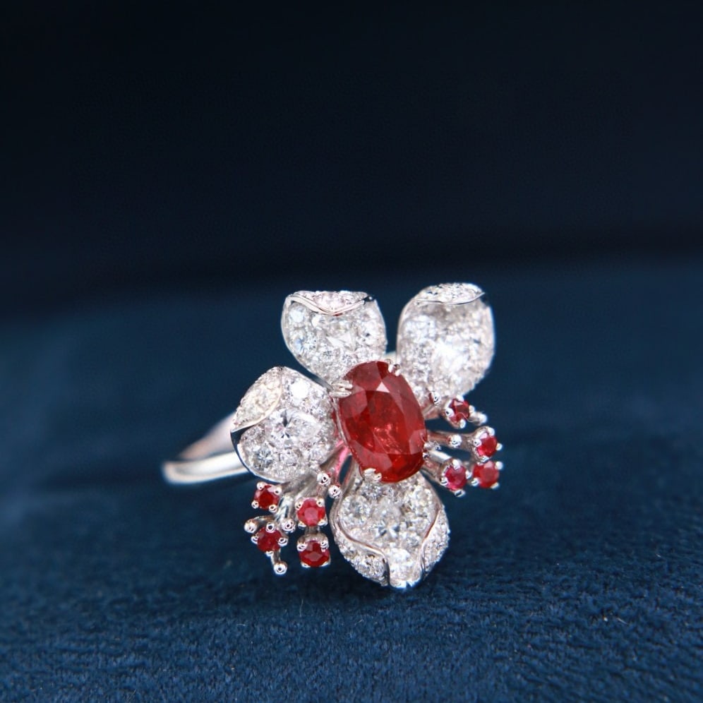 14k Gold 1 Ct Natural Ruby & Diamond & Ruby & Flowers Ring - 3