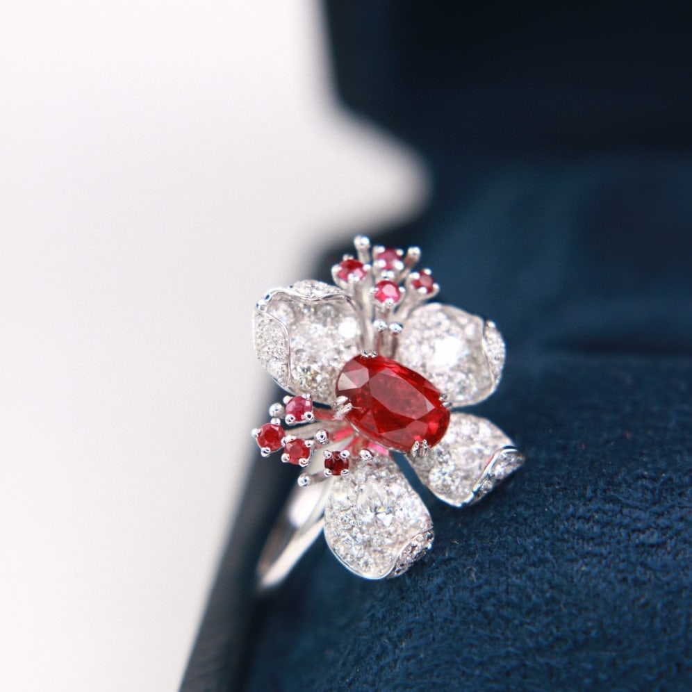 14k Gold 1 Ct Natural Ruby & Diamond & Ruby & Flowers Ring - 4