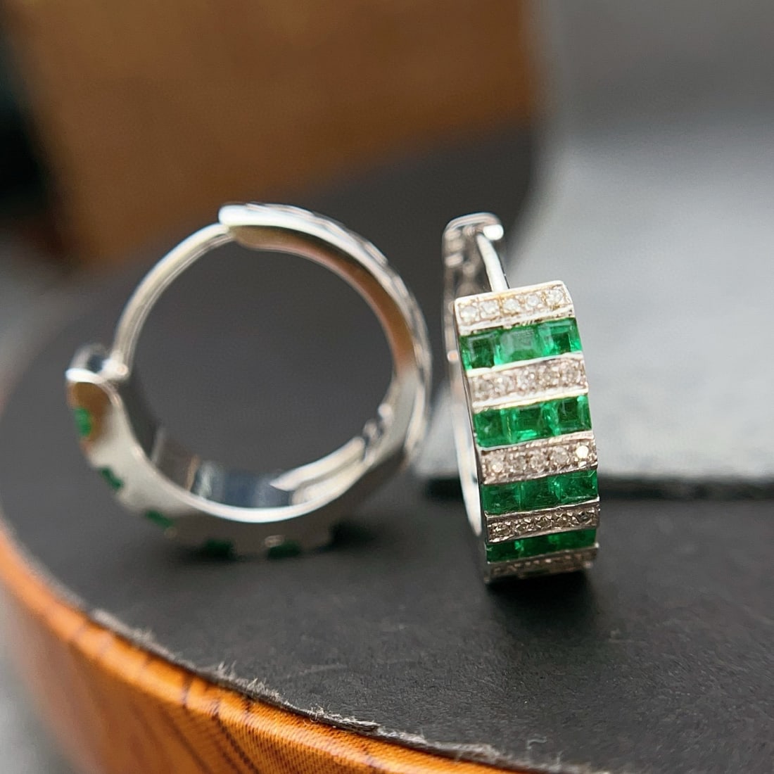 14k Gold 1.30 Ct Natural Emerald & Diamond Earrings - 2