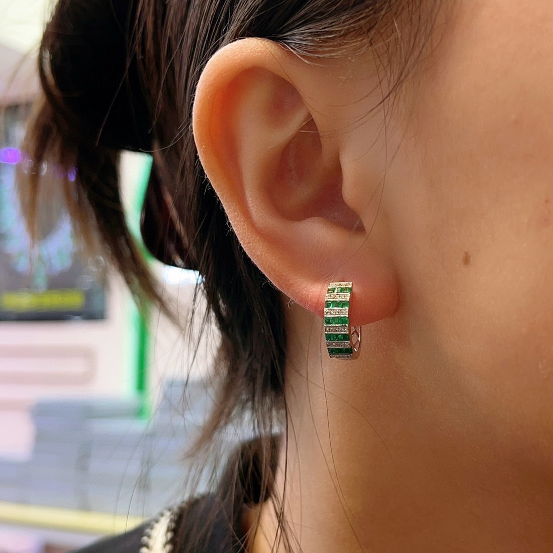 14k Gold 1.30 Ct Natural Emerald & Diamond Earrings - 5