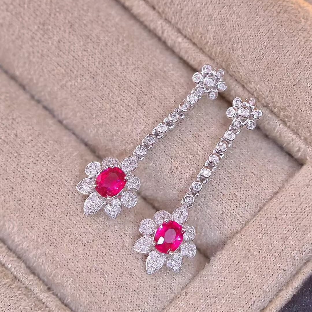 14k Gold 0.7 Ct Natural Ruby & Diamond Earrings - 2