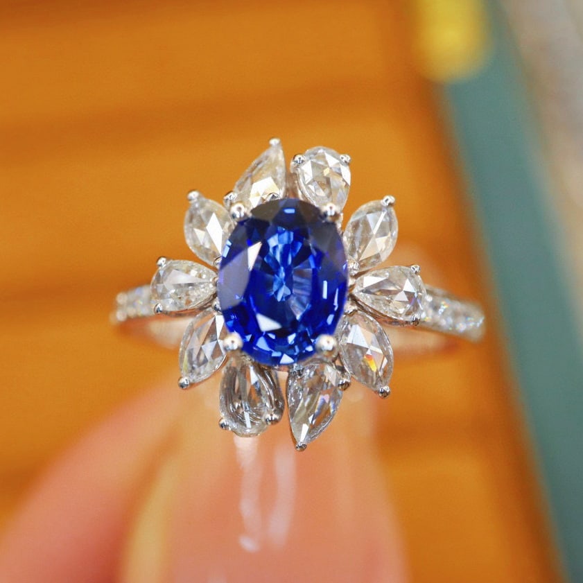 14k Gold 1.90 Ctw Natural Sapphire & Diamond Ring: Ref:230942167 // gold content:14k gold // ring size:7. 25us // // main gemstone:sapphire // shape:oval // carat weight:1. 32ct // color:royal blue // treatment:natural // // adjacent gemstone 2 :