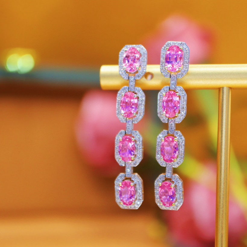 14k Gold 5.04 Ctw Natural Padparadscha Sapphire & Diamond Earrings - 3