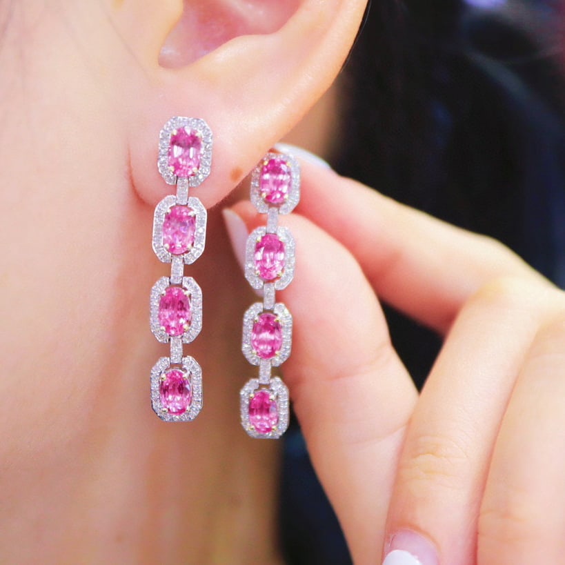 14k Gold 5.04 Ctw Natural Padparadscha Sapphire & Diamond Earrings - 5