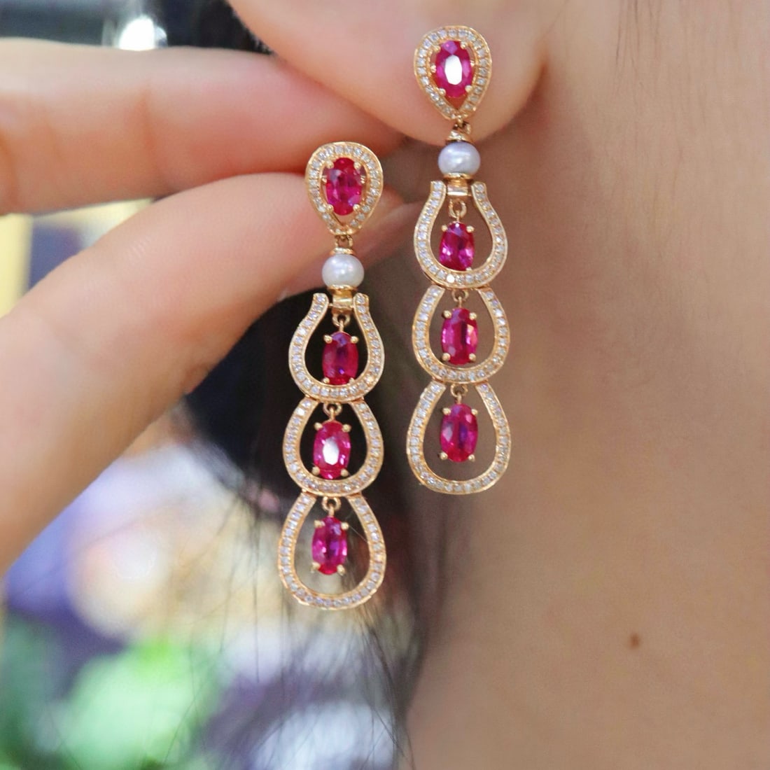 14k Gold 3.11 Ctw Natural Ruby & Diamond Earrings - 6
