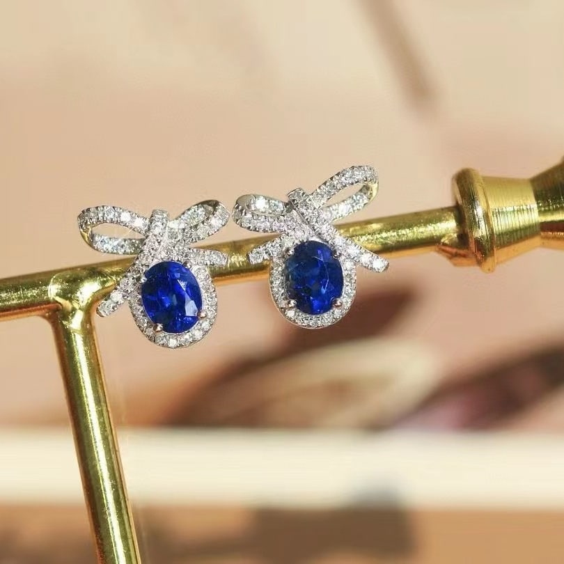 14k Gold 1.40 Ctw Natural Sapphire & Diamond Earrings - 5