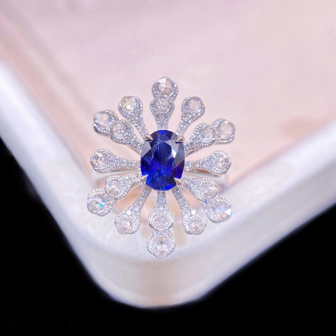 14k Gold 1.78 Ctw Natural Sapphire & Diamond Ring: Ref:230942255 // gold content:14k gold // ring size:7. 25us // // main gemstone:sapphire // shape:oval // carat weight:1. 18ct // color:royal blue // treatment:natural // // adjacent gemstone 2 :