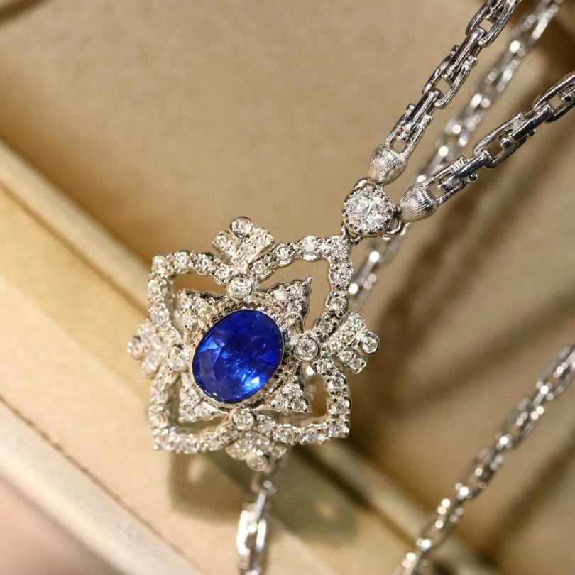 14k Gold 1.71 Ctw Vivid Blue Natural Sapphire & Diamond Necklace - 5