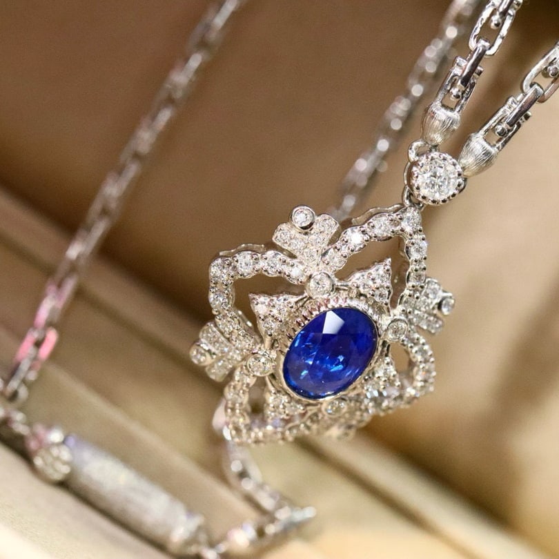 14k Gold 1.71 Ctw Vivid Blue Natural Sapphire & Diamond Necklace - 6