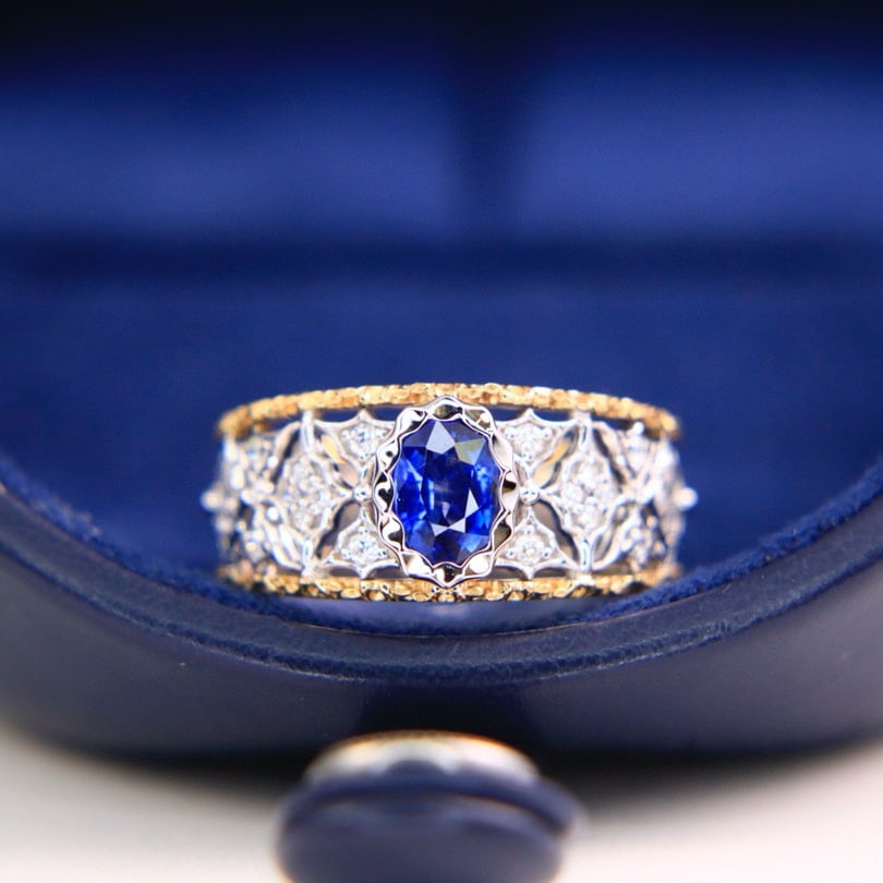 14k Gold 1.17 Ctw Natural Sapphire & Diamond Ring: Ref:230942320 // gold content:14k gold // ring size:7. 25us // // main gemstone:sapphire // shape:oval // carat weight:1. 0ct // color:royal blue // treatment:natural // // adjacent gemstone 2 :