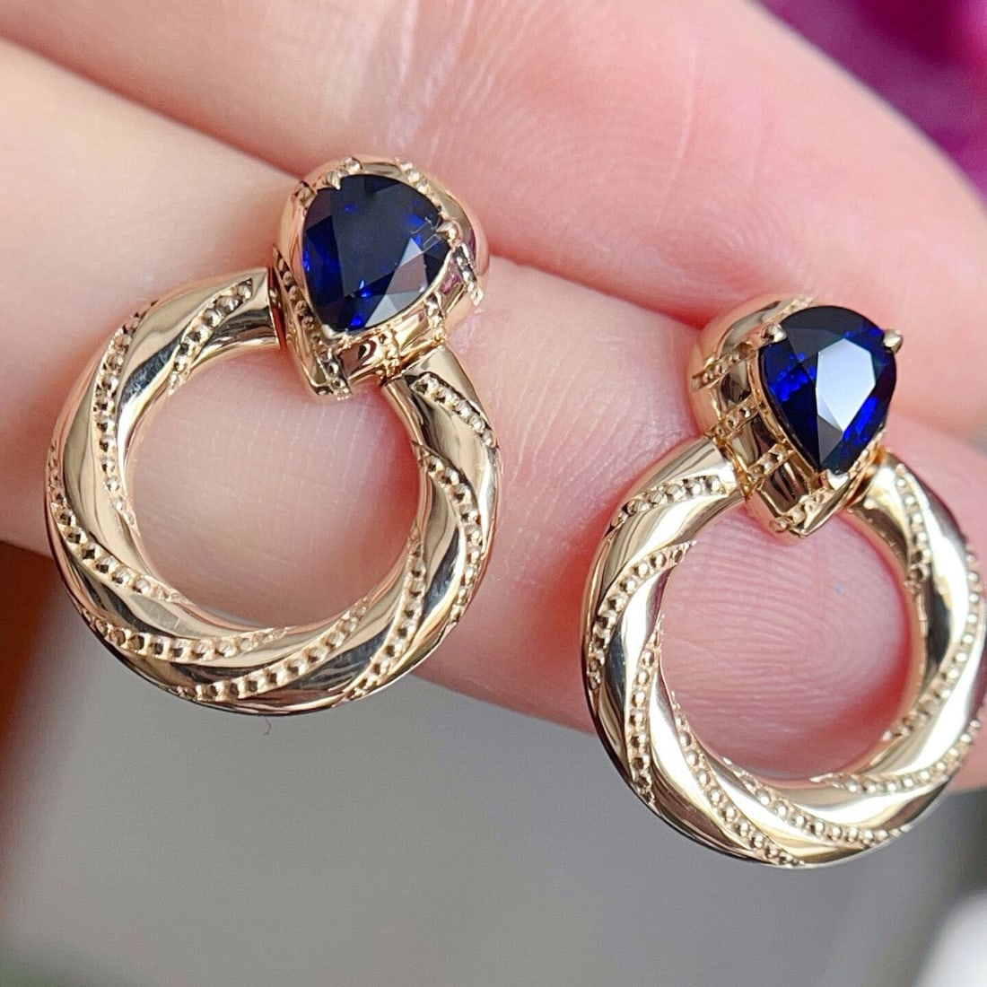 14k Gold 1.3 Ct Natural Sapphire Earrings: Ref:230942324 // gold content:14k gold // main gemstone:sapphire // shape:pear // carat weight:1. 3ct // color:royal blue // treatment:natural // Condition: New Low Estimate: 5100.00 High Estimate: 7