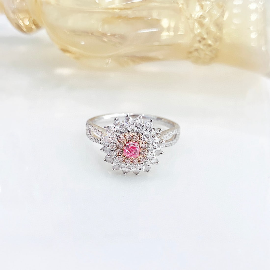 14k Gold 0.85 Ctw Natural Pink Diamond & Diamond Ring: Ref:230942330 // gold content:14k gold // ring size:7. 25us // // main gemstone:pink diamond // shape:cushion // carat weight:0. 17ct // color:pink // treatment:natural // // adjacent gemstone 2 :
