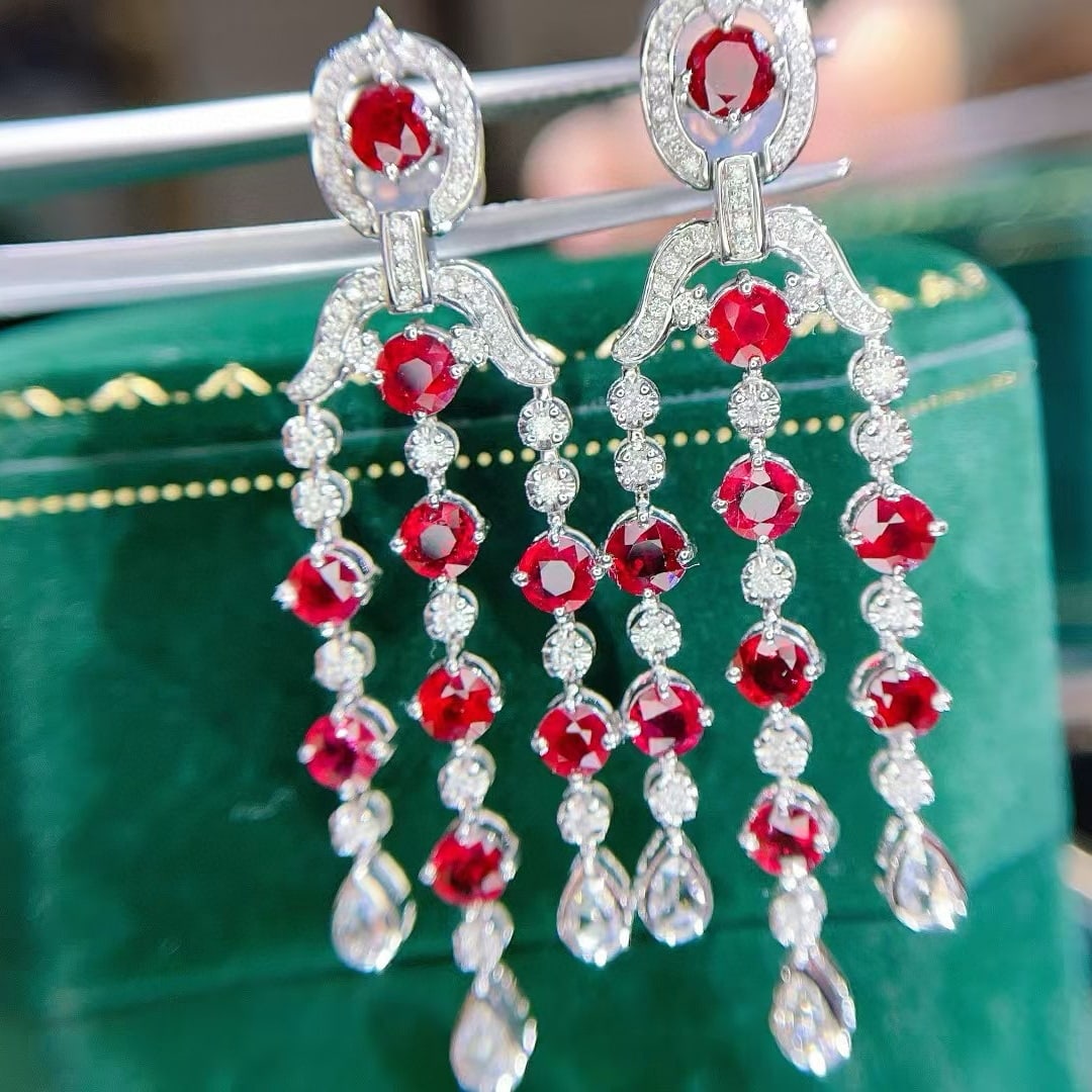 14k Gold 4.80 Ct Natural Ruby & Diamond Earrings - 2