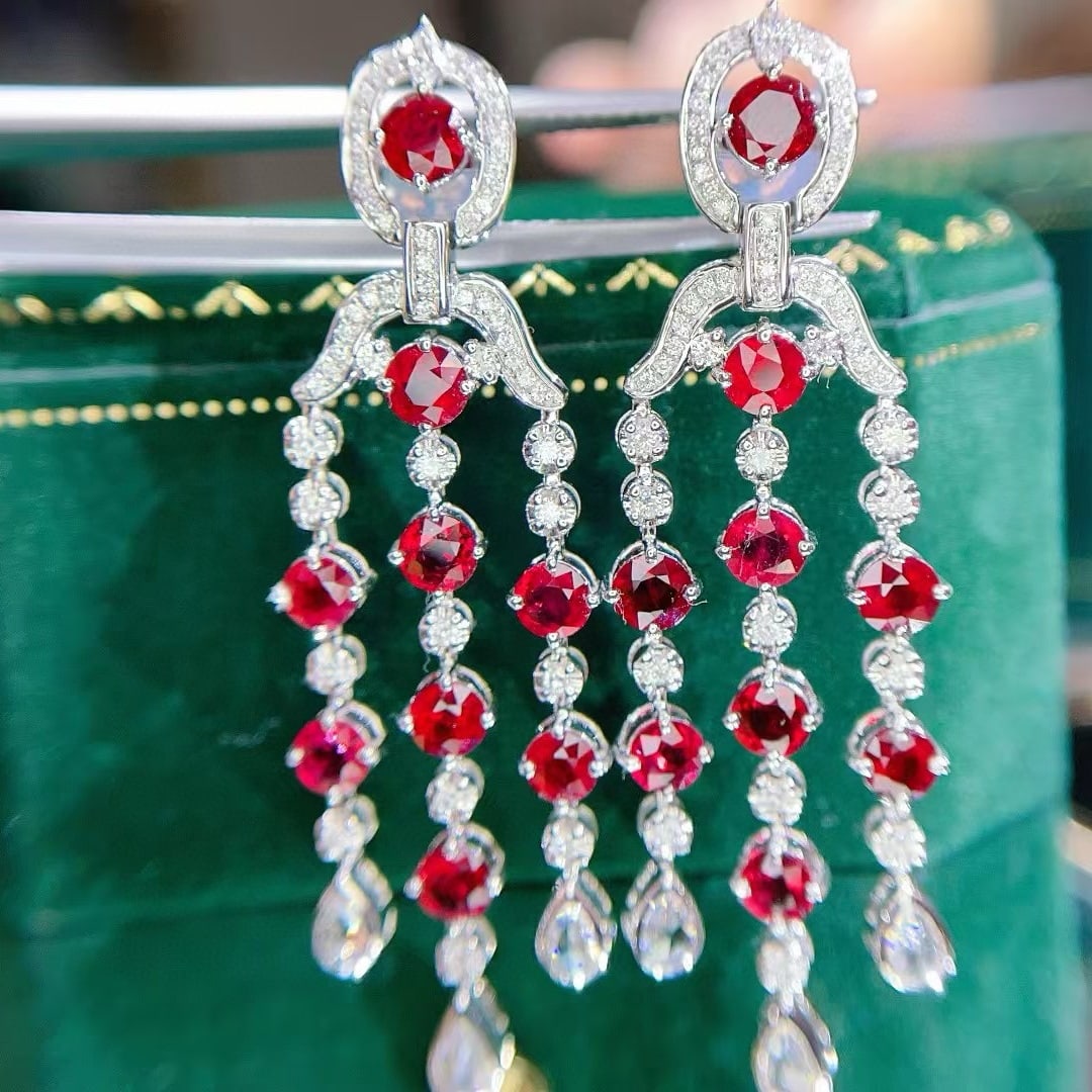 14k Gold 4.80 Ct Natural Ruby & Diamond Earrings - 3