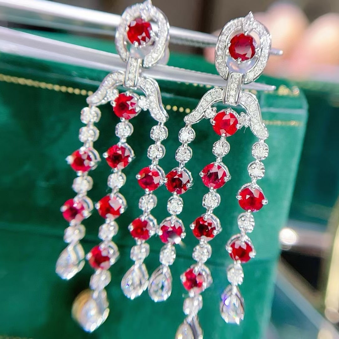 14k Gold 4.80 Ct Natural Ruby & Diamond Earrings - 5