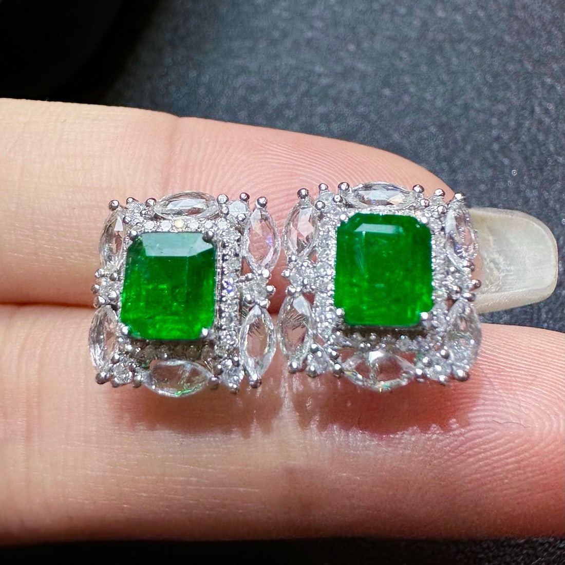 14k Gold 1.81 Ctw Vivid Green Natural Emerald & Diamond Earrings - 2