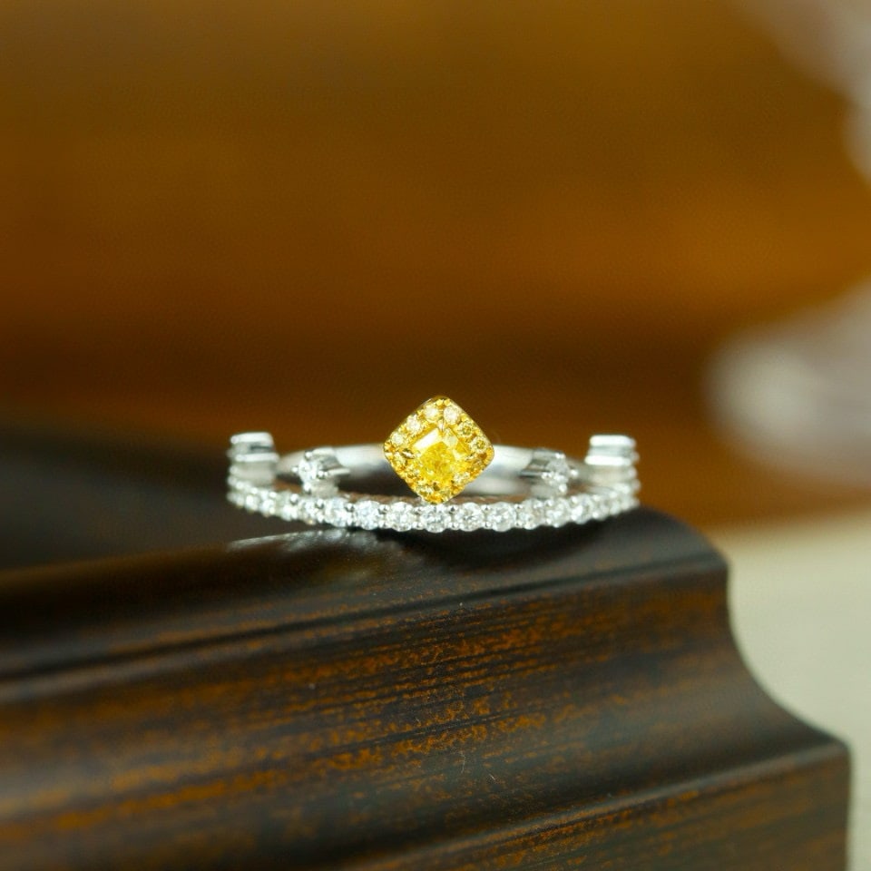 14k Gold 0.55 Ctw Natural Yellow Diamond & Diamond Ring: Ref:230942358 // gold content:14k gold // ring size:7. 25us // // main gemstone:yellow diamond // shape:cushion // carat weight:0. 17ct // color:yellow // treatment:natural // // adjacent gemstone