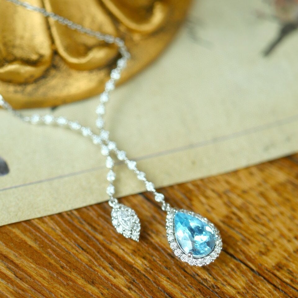 14k Gold 2.16 Ctw Natural Aquamarine & Diamond Necklace - 2